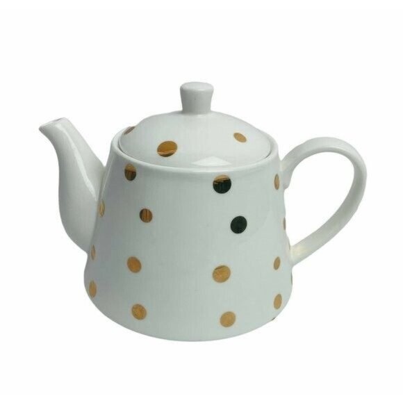 Robert Gordon Teapot Goldie Golden Polka Dot Fine White Ceramic Drinkware - Picture 1 of 10